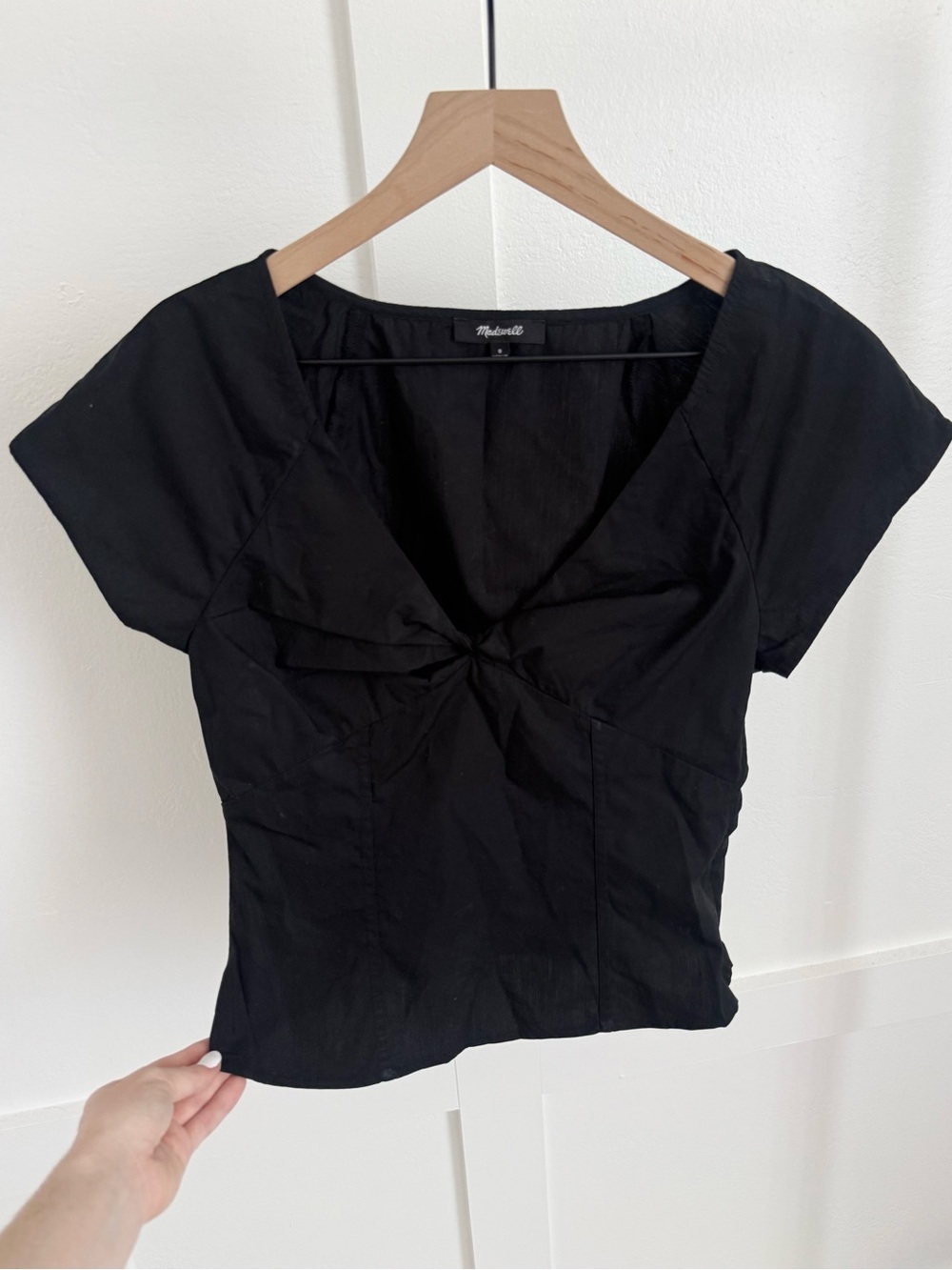 Madewell Black Twist Front Seamed Top in Poplin